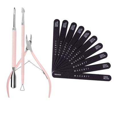 Makartt Nail File 180 240 Grit Emery Boards for Nails 10pcs Nail Files Bundle with Cuticle Trimmer with Cuticle Pusher, 3 PCS Pink Nippers