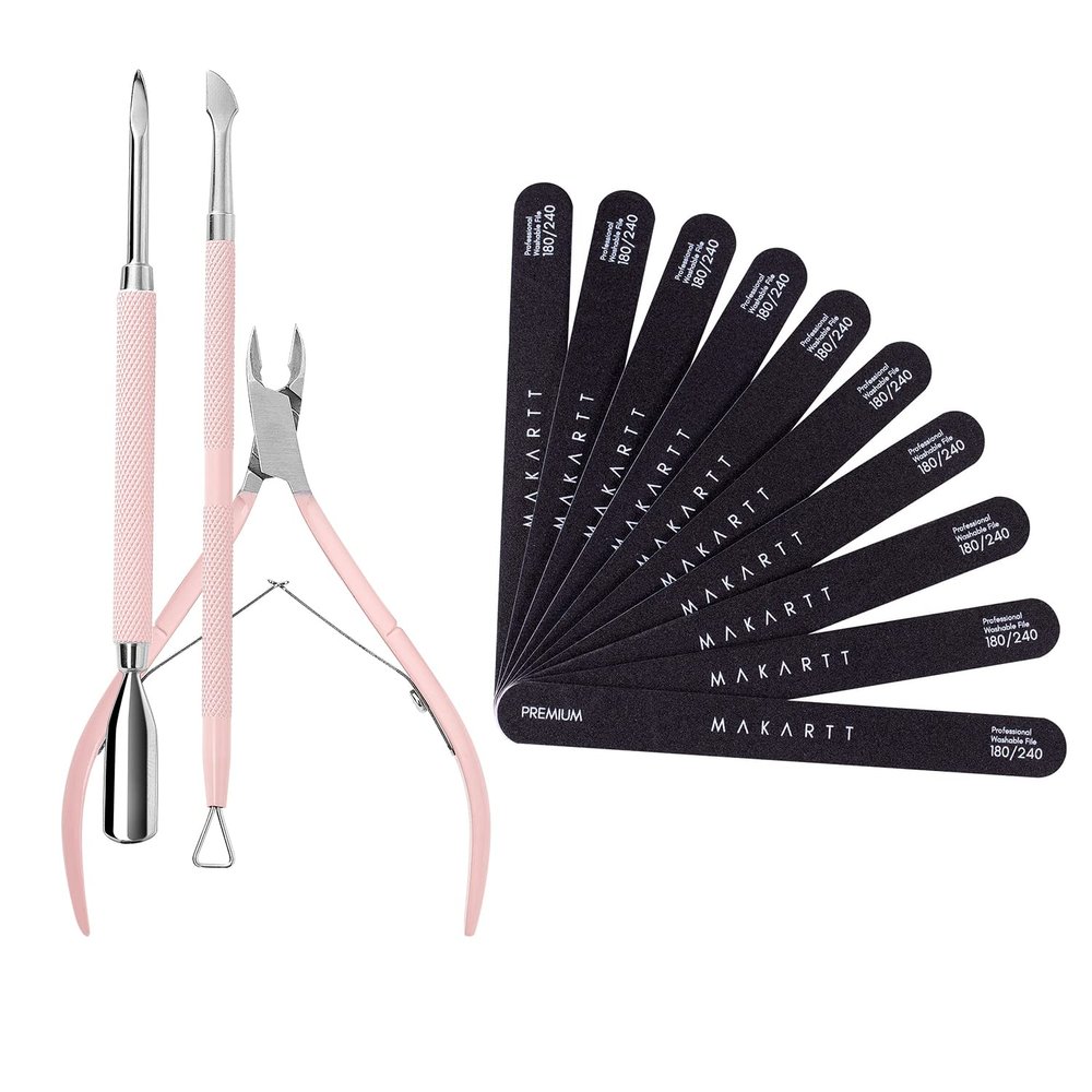 Makartt Nail File 180 240 Grit Emery Boards for Nails 10pcs Nail Files Bundle with Cuticle Trimmer with Cuticle Pusher, 3 PCS Pink Nippers