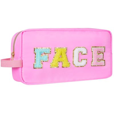 Aucuu Nylon Cosmetic Bag Preppy Makeup Stuff Bag with Chenille Varsity Letter Patch,Skin Care Travel Bag Organizer for Women, Make Up Skincare Cosmetic Zipper Stuff Bags for WomenPink