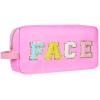Aucuu Nylon Cosmetic Bag Preppy Makeup Stuff Bag with Chenille Varsity Letter Patch,Skin Care Travel Bag Organizer for Women, Make Up Skincare Cosmetic Zipper Stuff Bags for WomenPink view 1