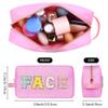 Aucuu Nylon Cosmetic Bag Preppy Makeup Stuff Bag with Chenille Varsity Letter Patch,Skin Care Travel Bag Organizer for Women, Make Up Skincare Cosmetic Zipper Stuff Bags for WomenPink view 2