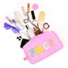 Aucuu Nylon Cosmetic Bag Preppy Makeup Stuff Bag with Chenille Varsity Letter Patch,Skin Care Travel Bag Organizer for Women, Make Up Skincare Cosmetic Zipper Stuff Bags for WomenPink view 3