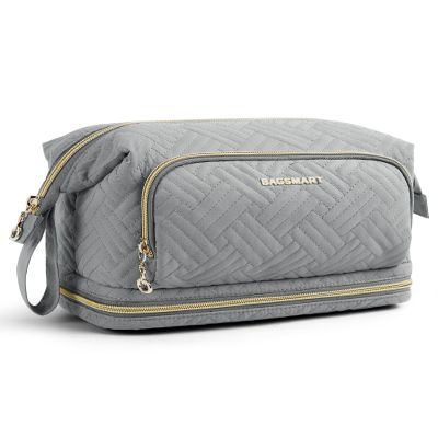 BAGSMART Travel Makeup Bag, Cosmetic Bag Make Up Organizer Case, Large Wide-open Pouch for Women Double Layers Purse for Toiletries Accessories Brushes Greey