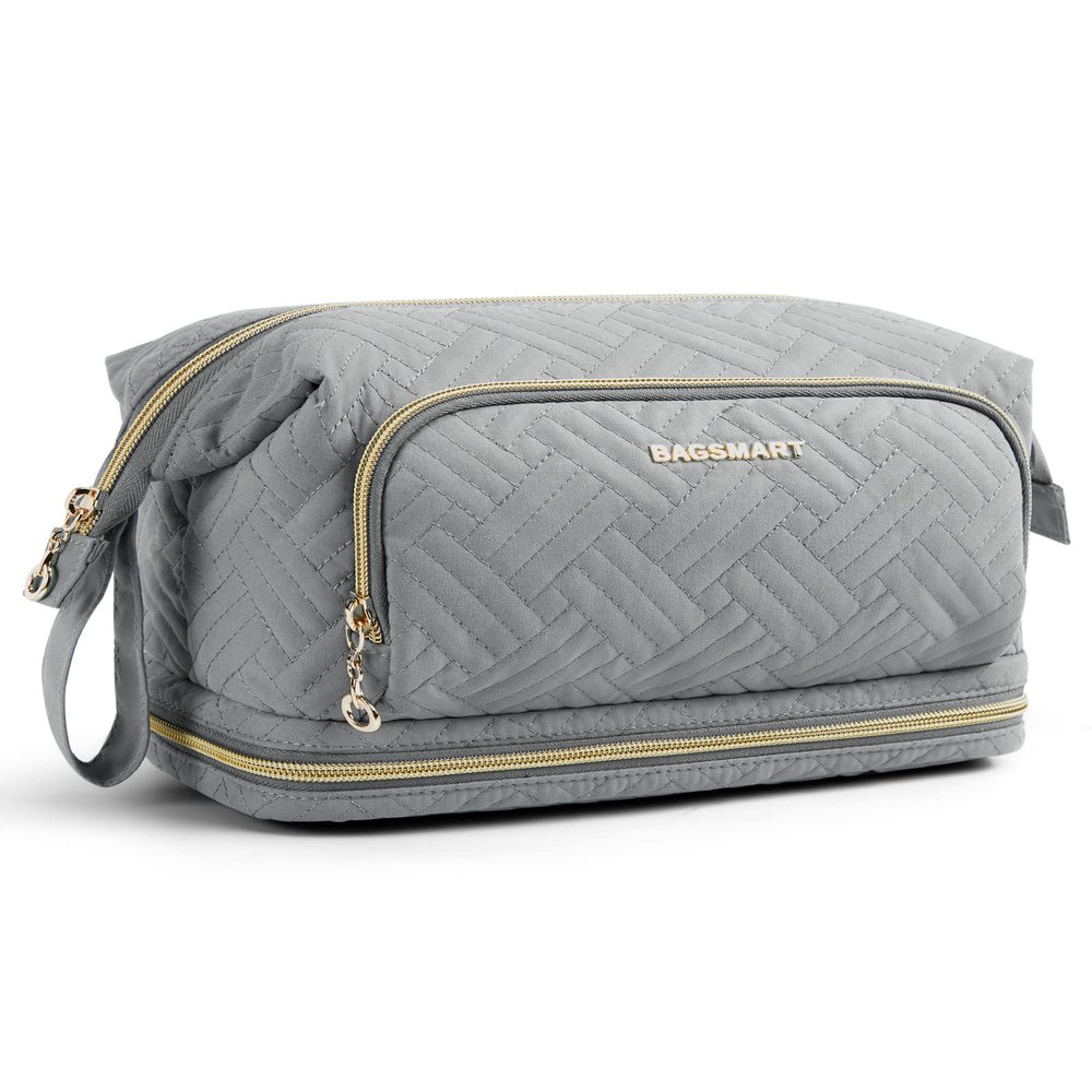 BAGSMART Travel Makeup Bag, Cosmetic Bag Make Up Organizer Case, Large Wide-open Pouch for Women Double Layers Purse for Toiletries Accessories Brushes Greey
