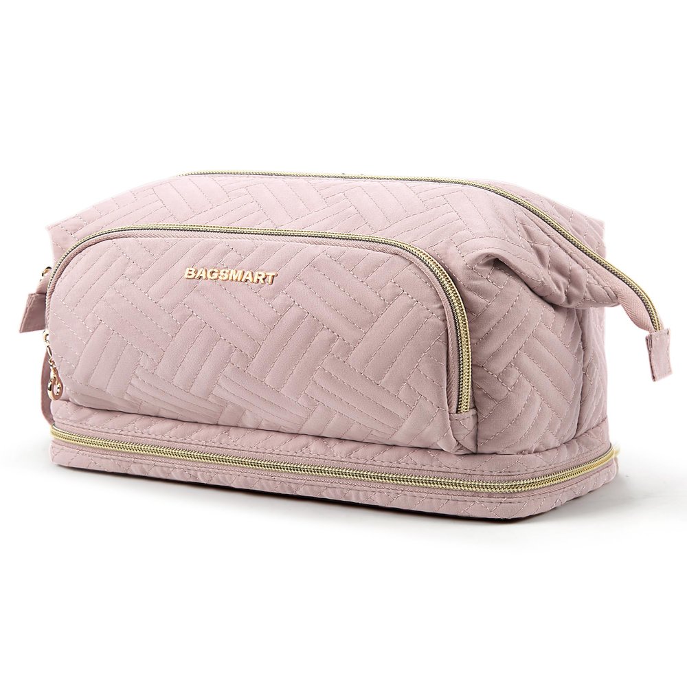 BAGSMART Travel Makeup Bag, Cosmetic Bag Make Up Organizer Case, Dorm Room Essentials Large Wide-open Pouch Women Travel Essentials Double Layers Purse for Toiletries Accessories Brushes Pink