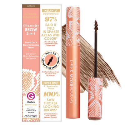 Grande Cosmetics GrandeBROW 2-in-1 Tinted Brow Gel + Brow Enhancing Serum for Thicker & Darker-Looking Eyebrows, Shape & Fill Brows, with Castor Oil & Mini Fibers - Medium, Full Size (0.12 fl oz)