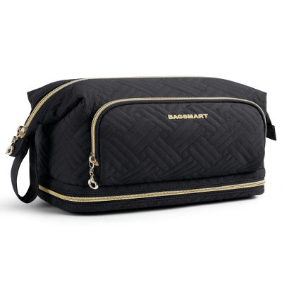 BAGSMART Travel Makeup Bag, Cosmetic Bag Make Up Organizer Case, Large Wide-open Pouch for Women Double Layers Purse for Toiletries Accessories Brushes Black