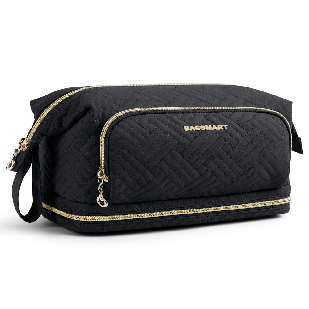 BAGSMART Travel Makeup Bag, Cosmetic Bag Make Up Organizer Case, Large Wide-open Pouch for Women Double Layers Purse for Toiletries Accessories Brushes Black