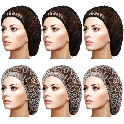 Geyoga 6 Pieces Hair Net Snoods for Women Sleeping Mesh Soft Rayon Knit Crochet Hairnet Long Short Curls Hair Cover Accessory (Black, Gray)