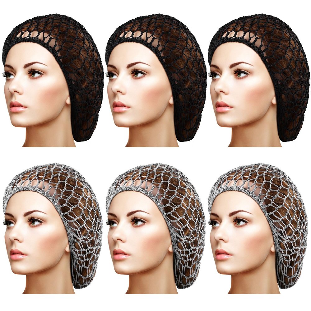 Geyoga 6 Pieces Hair Net Snoods for Women Sleeping Mesh Soft Rayon Knit Crochet Hairnet Long Short Curls Hair Cover Accessory (Black, Gray)