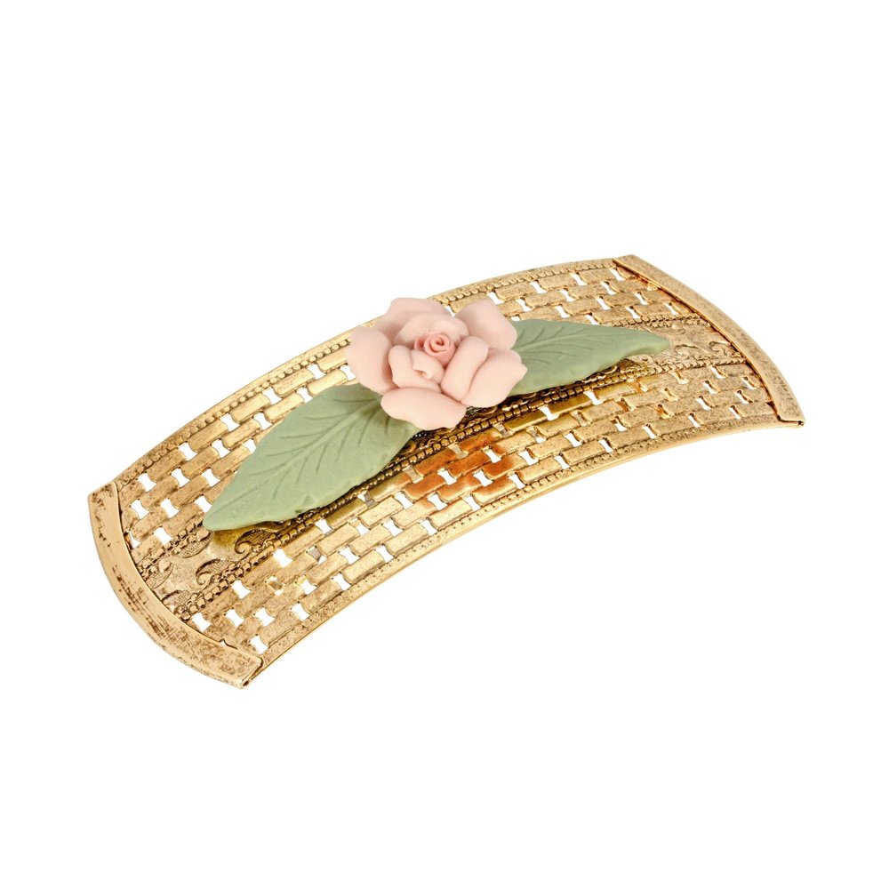 1928 Jewelry Large Pink Porcelain Flower Lattice 3.65 Inch Hair Barrette Clip For Women, (1 Pcs), Handmade Flowers, Botanical Inspired Floral Accessories, Made In USA