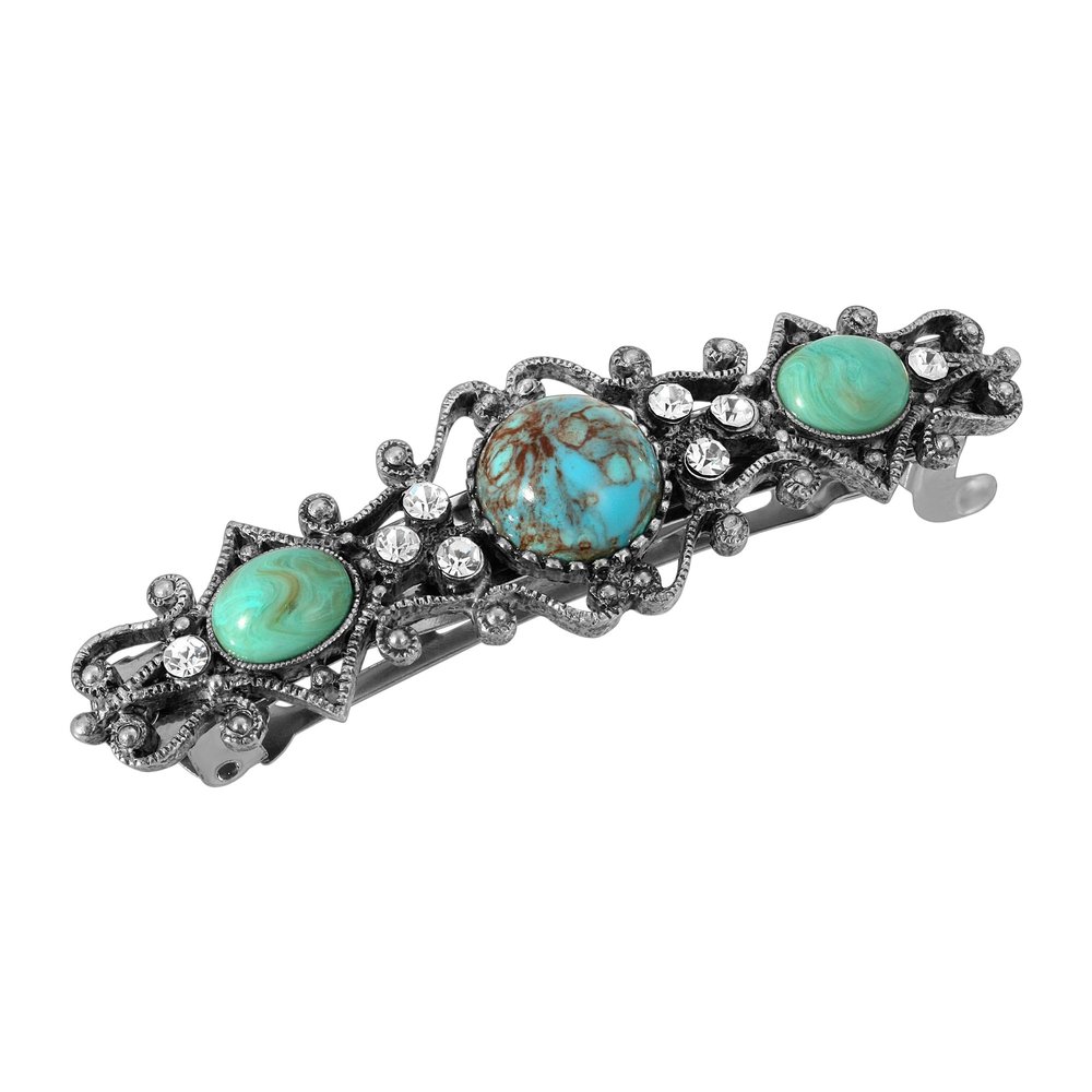 1928 Jewelry Turquoise Color Stones Crystal 2.95 Inch Hair Barrette Clip For Women, (1 Pcs)