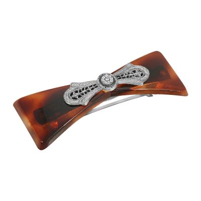 1928 Jewelry Brown Tortoise With Filigree And Crystal Accent Bow 4 Inch Hair Barrette Clip For Women, (1 Pcs)