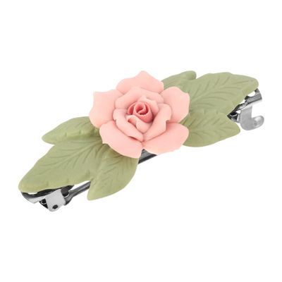 1928 Jewelry Genuine Porcelain Rose And Green Leaf French 2.68 Inch Hair Barrette Clip For Women, (1 Pcs), Handmade Flowers, Botanical Inspired Floral Accessories, Made In USA