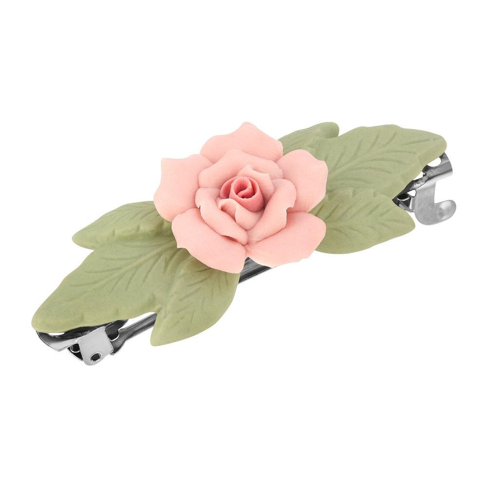 1928 Jewelry Genuine Porcelain Rose And Green Leaf French 2.68 Inch Hair Barrette Clip For Women, (1 Pcs), Handmade Flowers, Botanical Inspired Floral Accessories, Made In USA