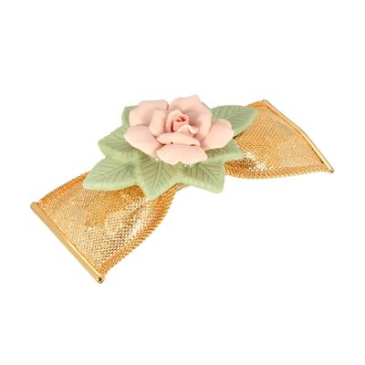 1928 Jewelry Large Pink & Green Porcelain Flower Mesh Bow 3.64 Inch Hair Barrette Clip For Women, (1 Pcs), Handmade Flowers, Botanical Inspired Floral Accessories, Made In USA