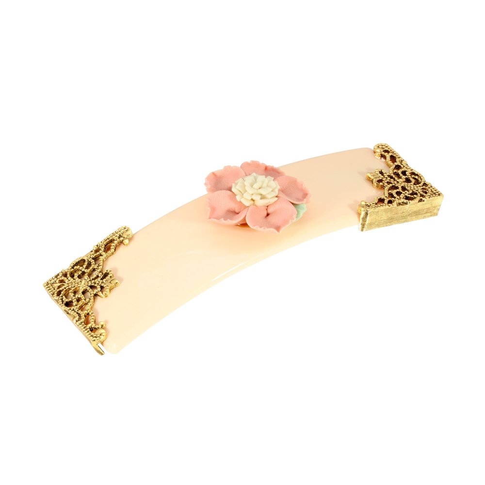 1928 Jewelry Ivory With Pink & White Porcelain Flower 4.3 Inch Hair Barrette Clip For Women, (1 Pcs), Handmade Flowers, Botanical Inspired Floral Accessories, Made In USA