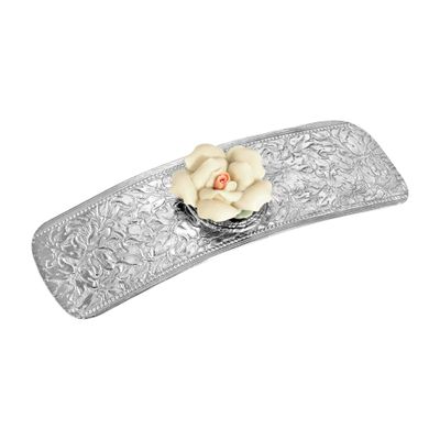 1928 Jewelry Ivory Porcelain Flower 3.72 Inch Hair Barrette Clip For Women, (1 Pcs), Handmade Flowers, Botanical Inspired Floral Accessories, Made In USA