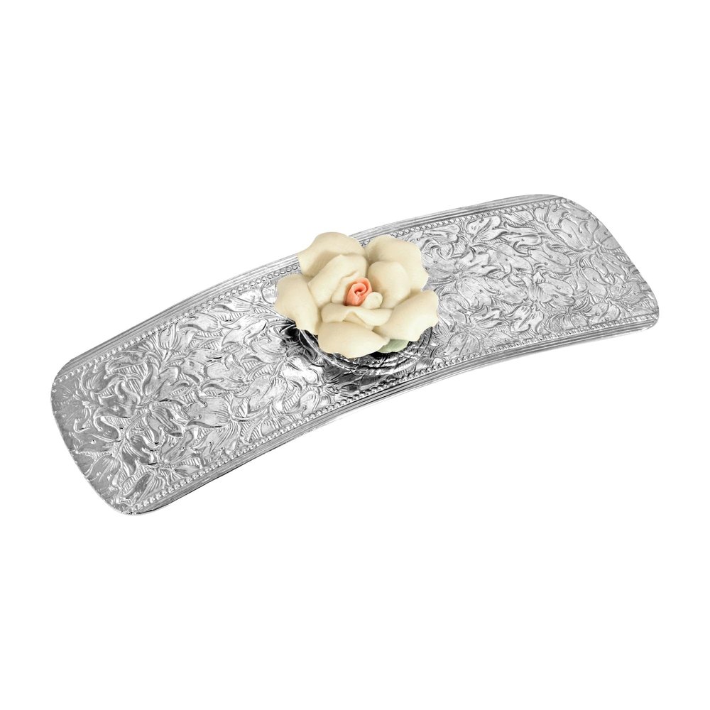 1928 Jewelry Ivory Porcelain Flower 3.72 Inch Hair Barrette Clip For Women, (1 Pcs), Handmade Flowers, Botanical Inspired Floral Accessories, Made In USA