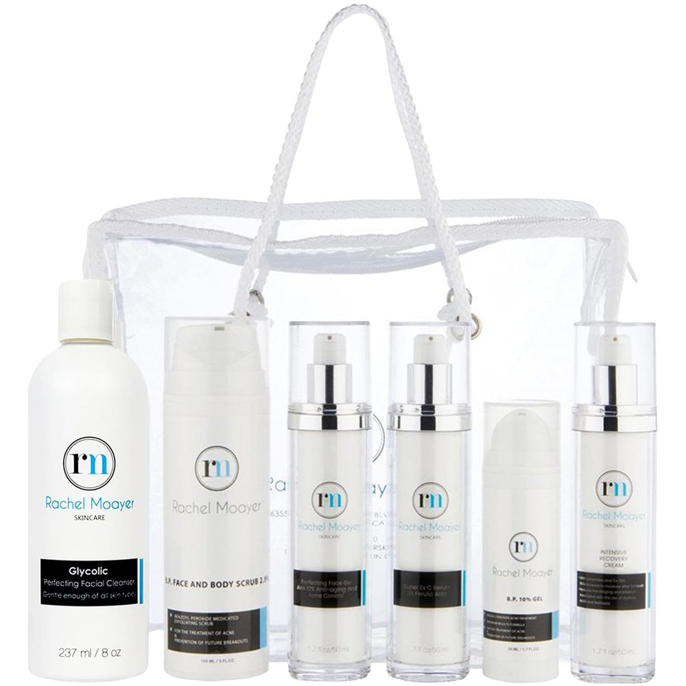 Rachel Moayer Perfecting Skincare Kit for Normal to Oily Skin, Cleanser, 2.5% Benzoyl Peroxide Scrub, Vitamin C Serum, 12% Face Gel, 10% Acne Care Gel, Recovery Cream & Anti Aging Skin Care Kit