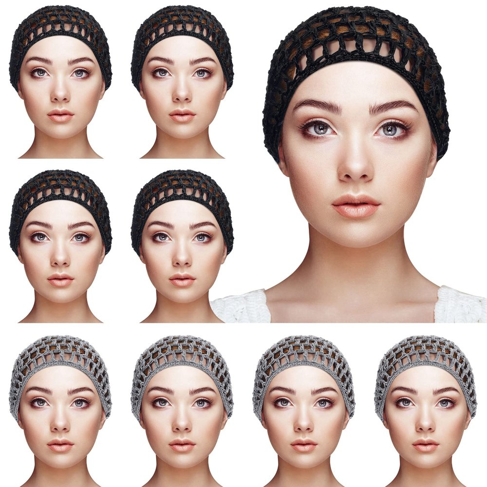 9 Pieces Mesh Crochet Hair Net Rayon Knit Snood Hat Thick Short Women Hairnet Snoods Cover Ornament for Sleeping (Black, Gray)