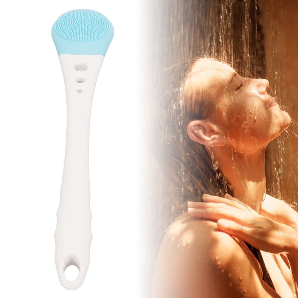 Silicone Body Scrubber Exfoliator, Back Cleansing Brush Scrubber Long Handle for Shower Bath, Gentle Exfoliating and Massage for Body Men and Women & All Skin Type, Blue