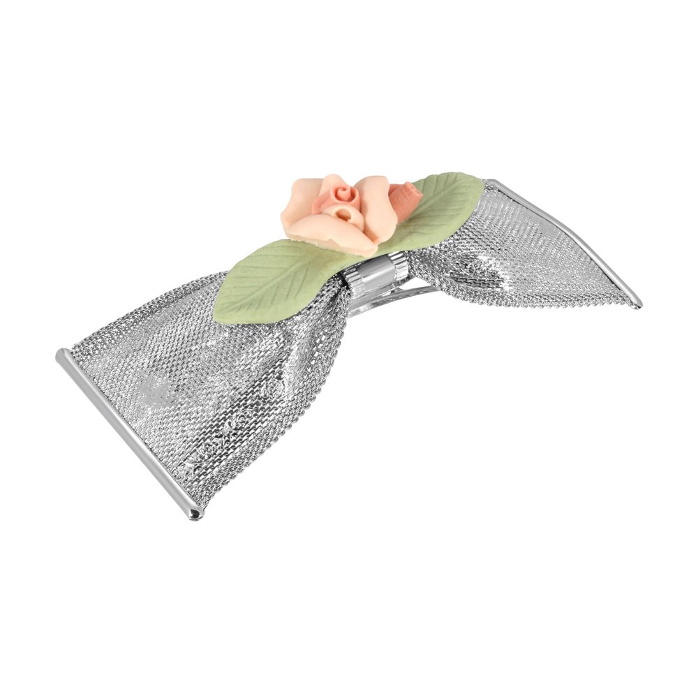 1928 Jewelry Pink And Green Porcelain Flower Mesh Bow 3.55 Inch Hair Barrette Clip For Women, (1 Pcs), Handmade Flowers, Botanical Inspired Floral Accessories, Made In USA