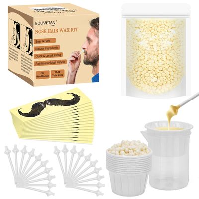Nose Wax Kit Men Women, Bouvetan Nose Hair Waxing Kit with 100g Nose Hair Wax Beads (15-20 USES), 20 Applicator, 15 Mustache Protector, 10 Paper Cups, 1 Measuring Cup - Easy and Quick, Instant