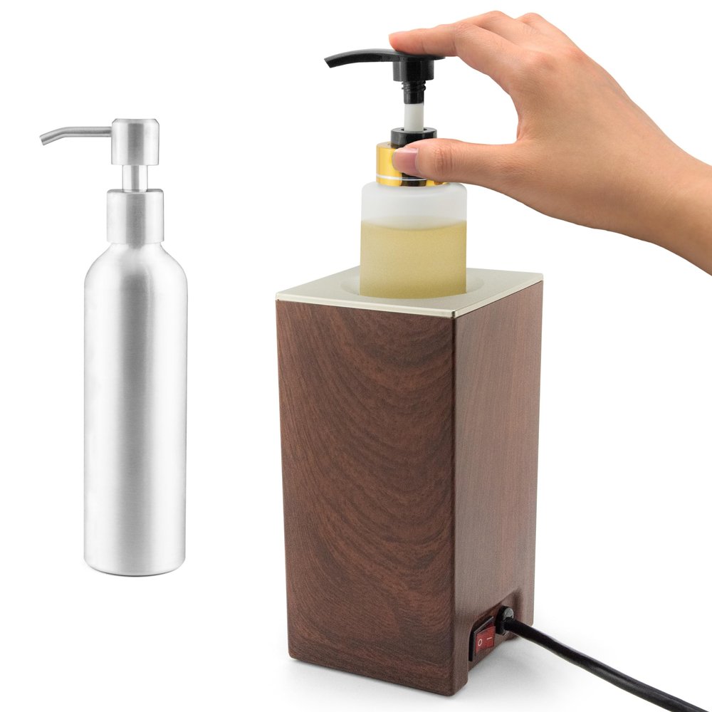 Elitzia Massage Oil Warmer Lotion Warmer 131F Constant Temperature with Metal Plastic Pump Bottles Massage Oil Heater for Creams Gels & Essential Oils ETOH843NB (Square Nut Colour)