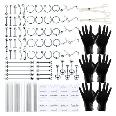 ChiMunllin 120PCS Body Piercing Kit Surgical Steel 14G 16G 20G BCR CBR Labret Lip Rings Cartilage Daith Earrings Nose Septum Nose Studs Belly Button Rings Jewelry Needles Gloves Clamps Tools