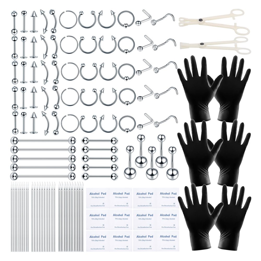 ChiMunllin 120PCS Body Piercing Kit Surgical Steel 14G 16G 20G BCR CBR Labret Lip Rings Cartilage Daith Earrings Nose Septum Nose Studs Belly Button Rings Jewelry Needles Gloves Clamps Tools