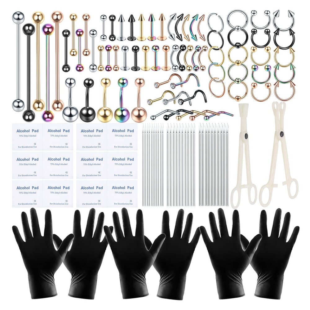 ChiMunllin 120PCS Body Piercing Kit Surgical Steel 14G 16G 20G BCR CBR Labret Lip Rings Cartilage Daith Earrings Nose Septum Nose Studs Belly Button Rings Piercing Jewelry Needles Gloves Clamps Tools