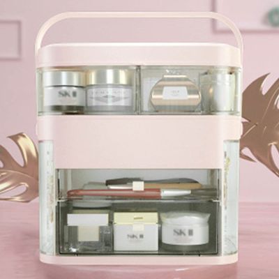 Makeup Organizer Makeup Box with Mirror Portable Makeup Train Case Cosmetic Storage Box with Drawers for Lipsticks Make Up Organizer Stands for Bathroom, Dresser