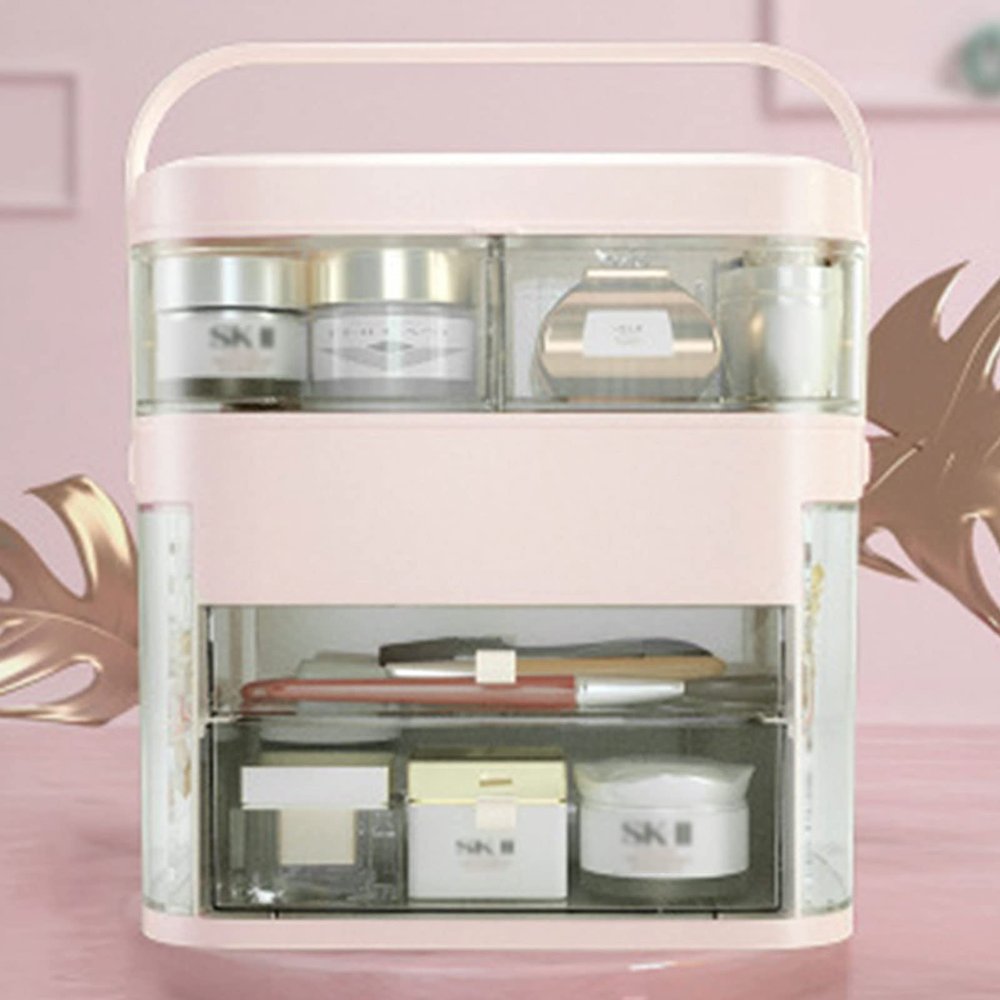 Makeup Organizer Makeup Box with Mirror Portable Makeup Train Case Cosmetic Storage Box with Drawers for Lipsticks Make Up Organizer Stands for Bathroom, Dresser