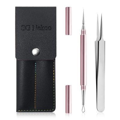 SGNEKOO Professional Facial Milia Removal Tool and Whitehead Extractor,Titanium Alloy Double Ended Needle and Steel Tweezers Kit,Blackhead,Blemish,Zit and Pimple Acne Remover Popper (Stainless Pink)