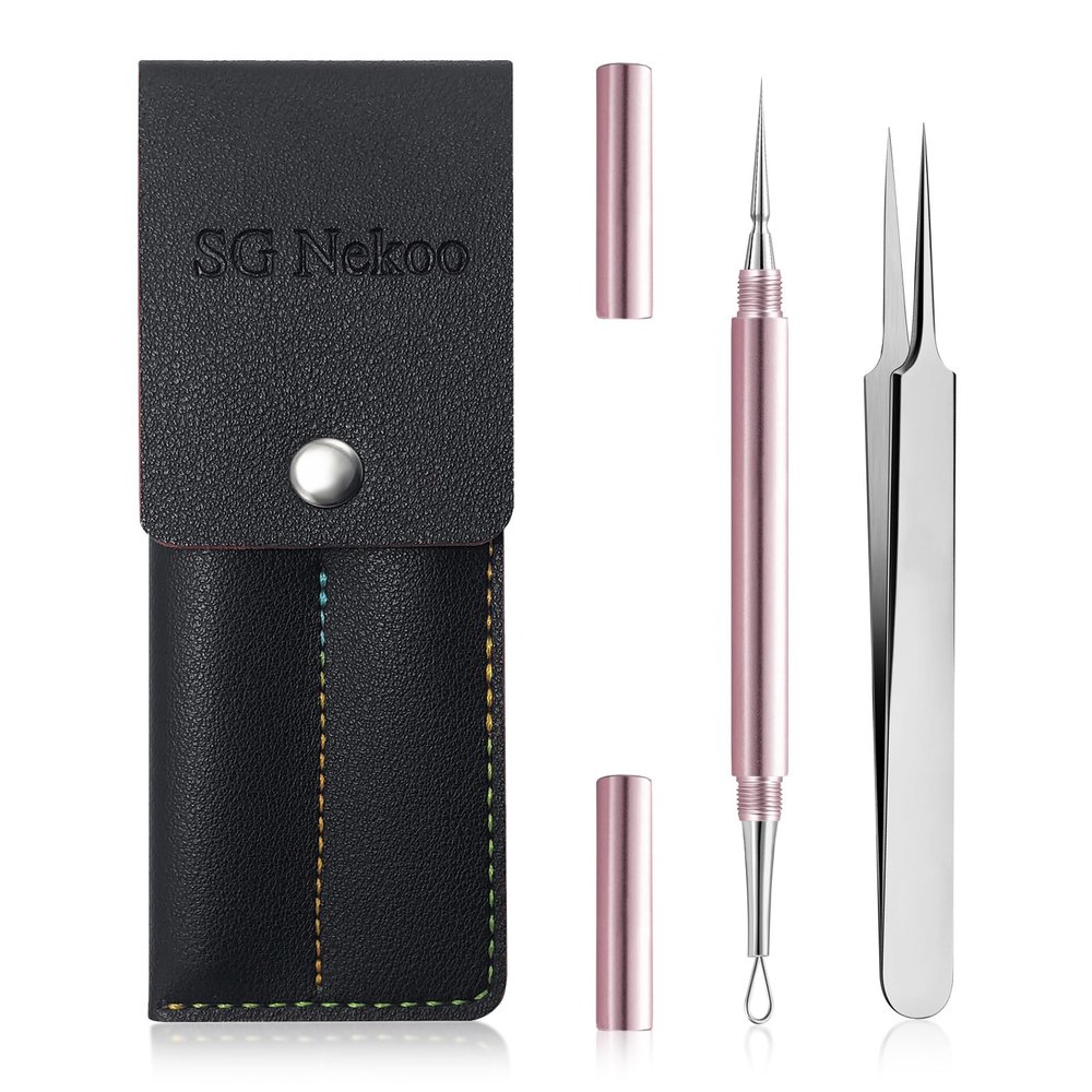 SGNEKOO Professional Facial Milia Removal Tool and Whitehead Extractor,Titanium Alloy Double Ended Needle and Steel Tweezers Kit,Blackhead,Blemish,Zit and Pimple Acne Remover Popper (Stainless Pink)