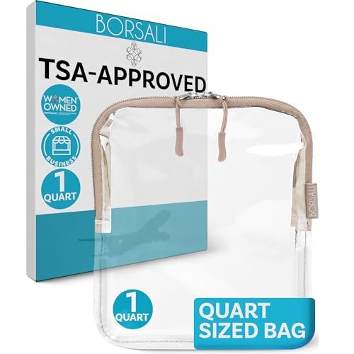 BORSALI TSA Approved Toiletry Bag - Clear Quart Size for 3-1-1 Carry On Travel - Makeup Organizer Cosmetic Pouch with Zipper - Travel Accessories - Taupe