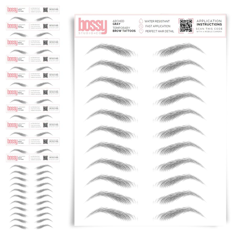 10 Pack Temporary Eyebrow Tattoos Waterproof Eyebrow Stickers, False Tattoos Hair Like Peel Off Instant Transfer Brows For Women And Men | Natural Strokes, Shaping (arched, gray)