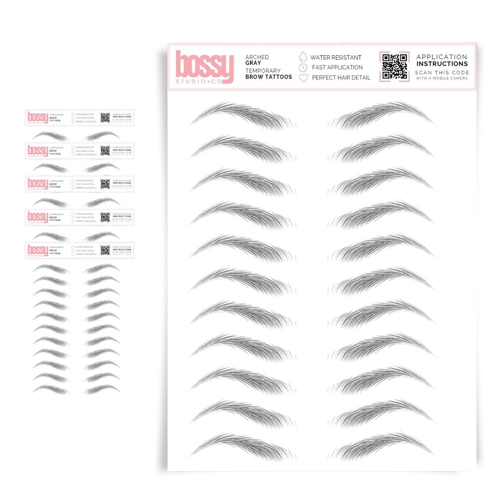 5 Pack Temporary Eyebrow Tattoos Waterproof Eyebrow Stickers, False Tattoos Hair Like Peel Off Instant Transfer Brows For Women And Men | Natural Strokes, Shaping (arched, gray)