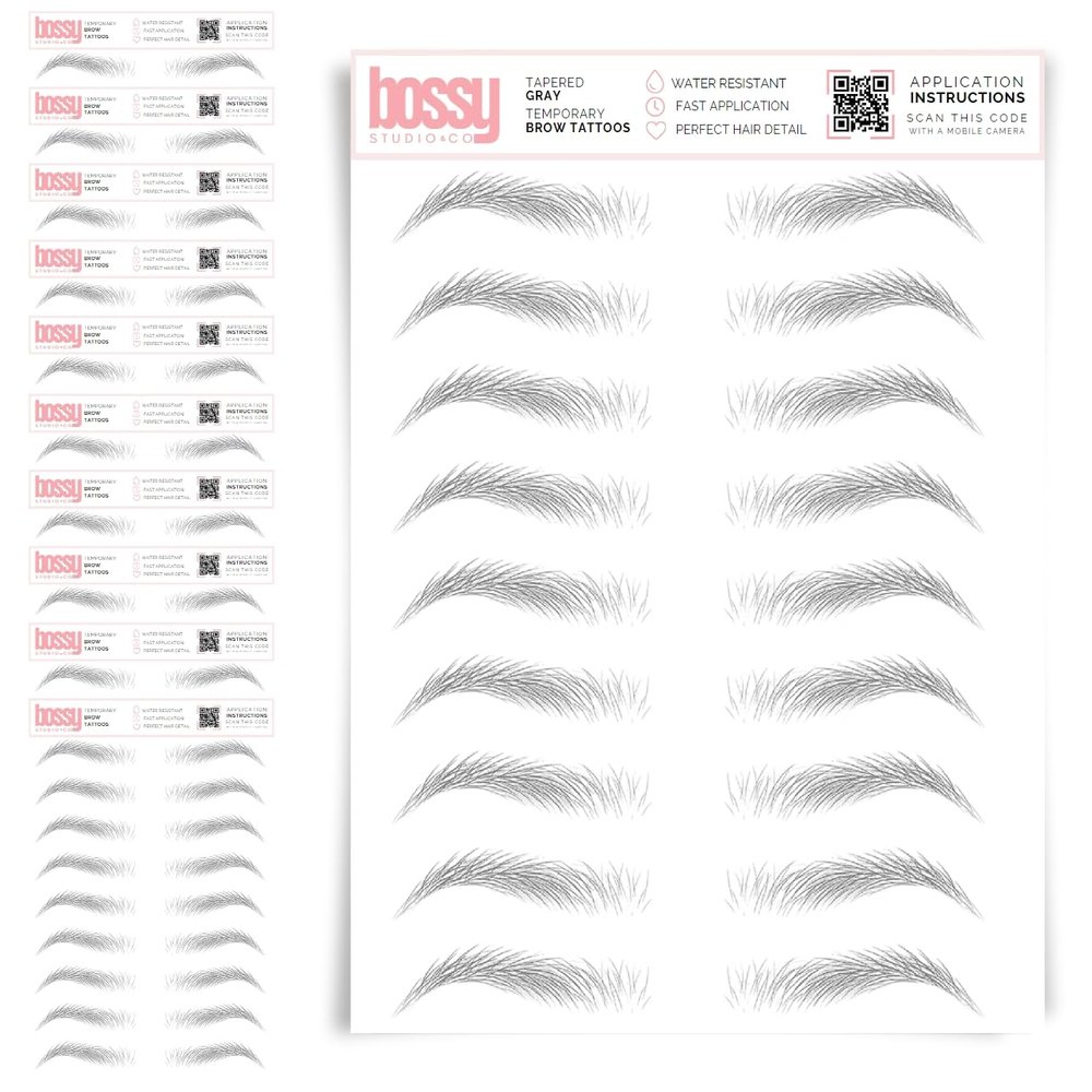 10 Pack Temporary Eyebrow Tattoos Waterproof Eyebrow Stickers, False Tattoos Hair Like Peel Off Instant Transfer Brows For Women And Men | Natural Strokes, Shaping (tapered, gray)