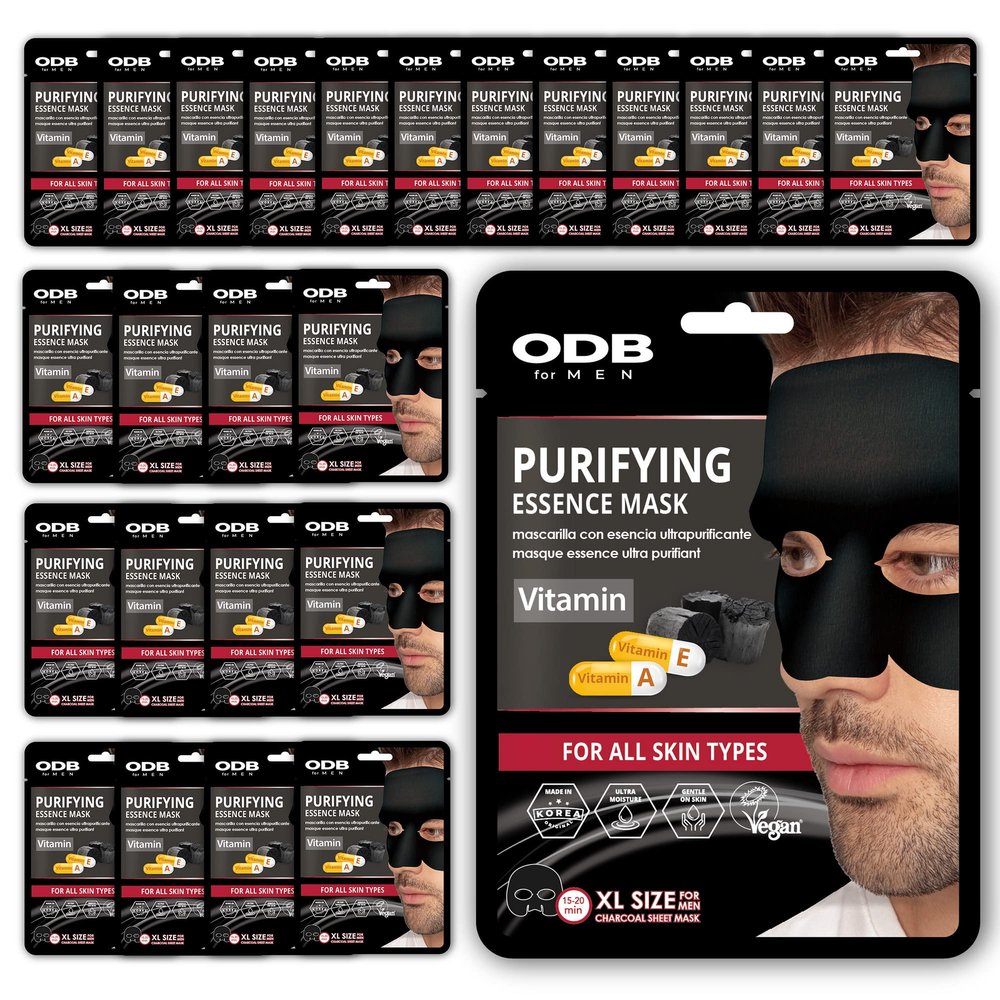 ORIGINAL DERMA BEAUTY 24PK Charcoal Facial Sheet Mask for Bearded Men - Purifying Vitamin Facial Mask Mens Skin Care Sheet Masks for Face Mens Skin Care Kit Bulk Face Masks Skincare