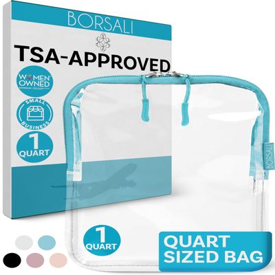 BORSALI TSA Approved Toiletry Bag - Clear Quart Size for 3-1-1 Carry On Travel - Makeup Organizer Cosmetic Pouch with Zipper - Travel Accessories - Light Blue