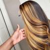 Youllyuu Women Body Wave Human Hair Lace Front Wig Honey Wig Brazilian Highlight Body Wave 13X6 Lace Frontal Wigs 13x6 Frontal Wig 14in#180% view 3