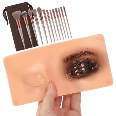 PRELGOSP Eye Makeup Practice Board, Reusable Silicone Makeup Practice Face, Makeup Practice Board with 13 Piece Brushes Set for Beginners