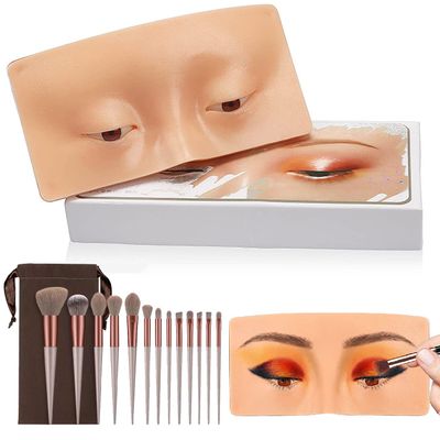 PRELGOSP Makeup Practice Face, Silicone Realistic Makeup Practice Board, Reusable Eye Makeup Practice Board with 13 Piece Brushes Set, for Beautician Beginner Cosmetologist