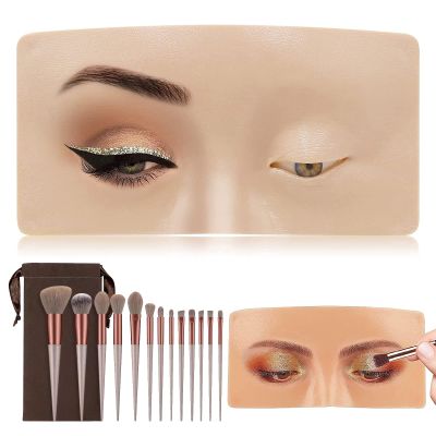 PRELGOSP Makeup Practice Board, Reusable Silicone Makeup Practice Face, 3D Eye Makeup Practice Board with 13 Piece Brushes Set, Perfect for Beginners