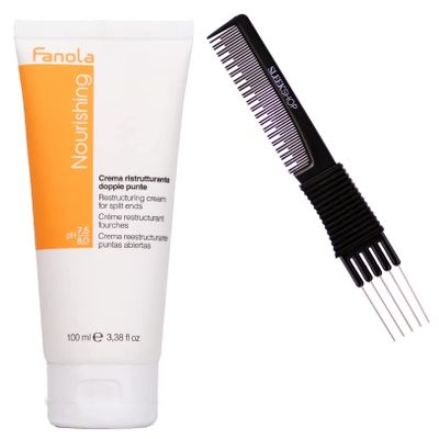 Sleekshop Comb + FanoIa NOURISHING Restructuring Cream for SPLIT ENDS on Hair (w/SLEEKSHOP Premium Carbon Teasing Comb) (3.38 oz (PACK OF 3))