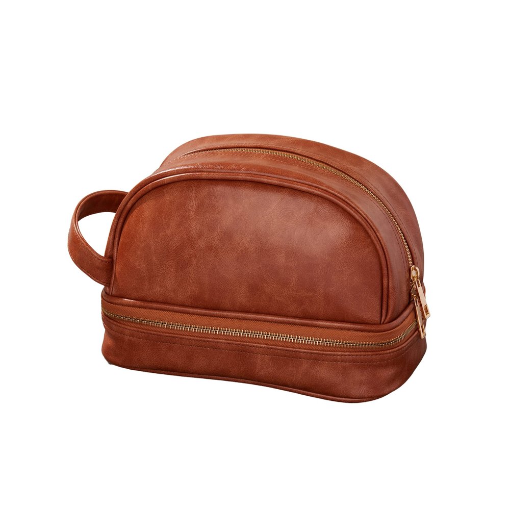 Mens PU Leather Travel Toiletry Bag - Vegan Leather Travel Bag Dopp Kit - Travel Essentials - Gifts for Men - Two Compartments Leather Toiletry Shaving Dopp Kit Travel - Groomsman Gift (Tan)