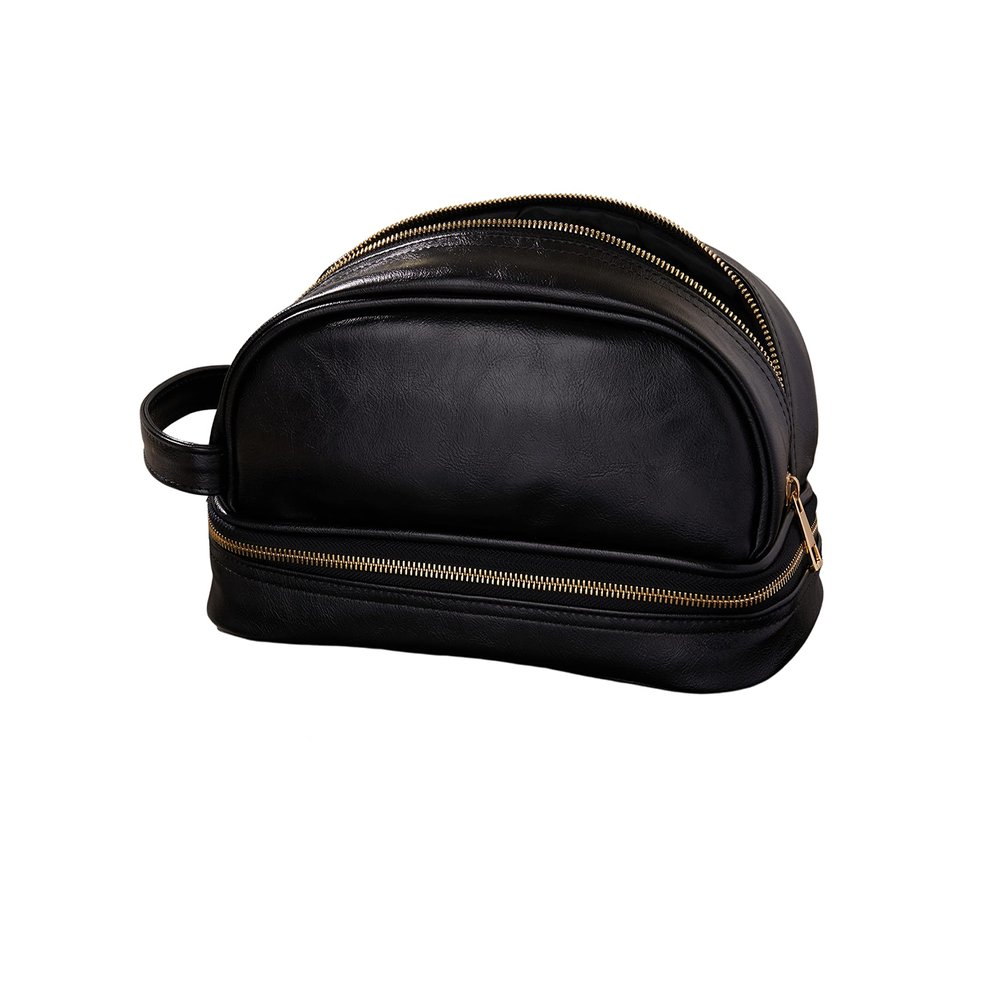 Mens PU Leather Travel Toiletry Bag - Vegan Leather Travel Bag Dopp Kit - Travel Essentials - Gifts for Men - Two Compartments Leather Toiletry Shaving Dopp Kit Travel - Groomsman Gift (Black)