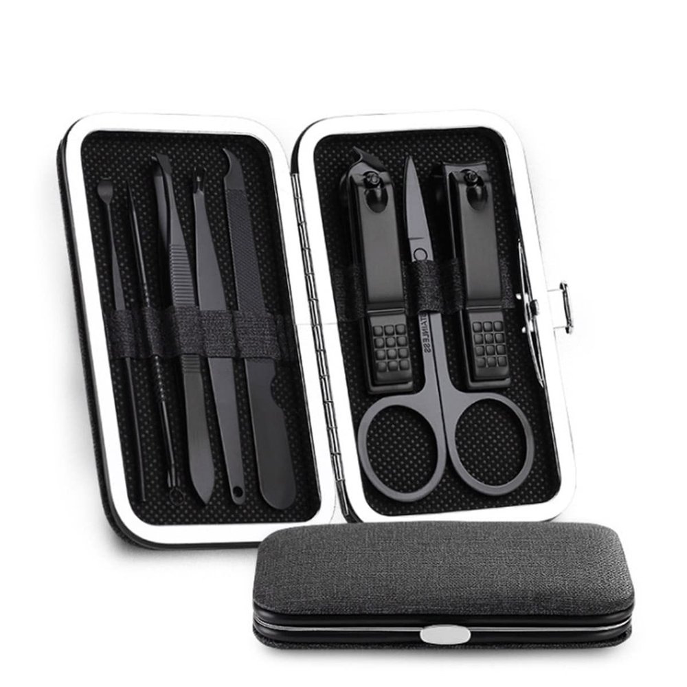 COOVS 8pcs Stainless Steel Nail Clippers Set Portable Scissors Suit with Box Trimmer Grooming Manicure Cutter Kits for Nail Tools (Color : Black-A)